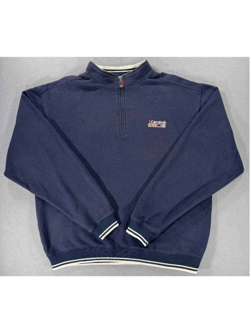 Vintage Carnival Cruise Line Quarter Zip Sweatshirt Navy Blue Flag L/XL 90s Vtg